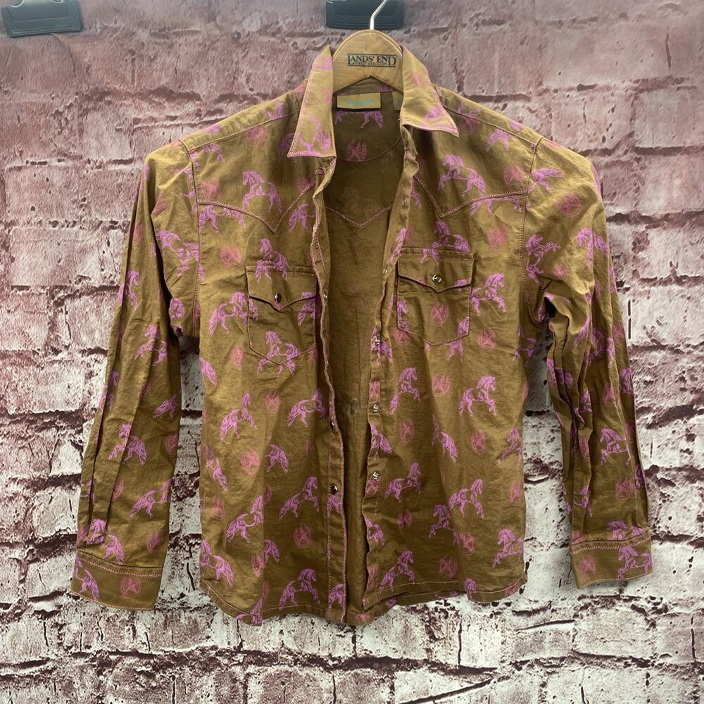 Girls XL Size 12 Wrangler Pearl Snap Western Shirt Brown with Pink Horses